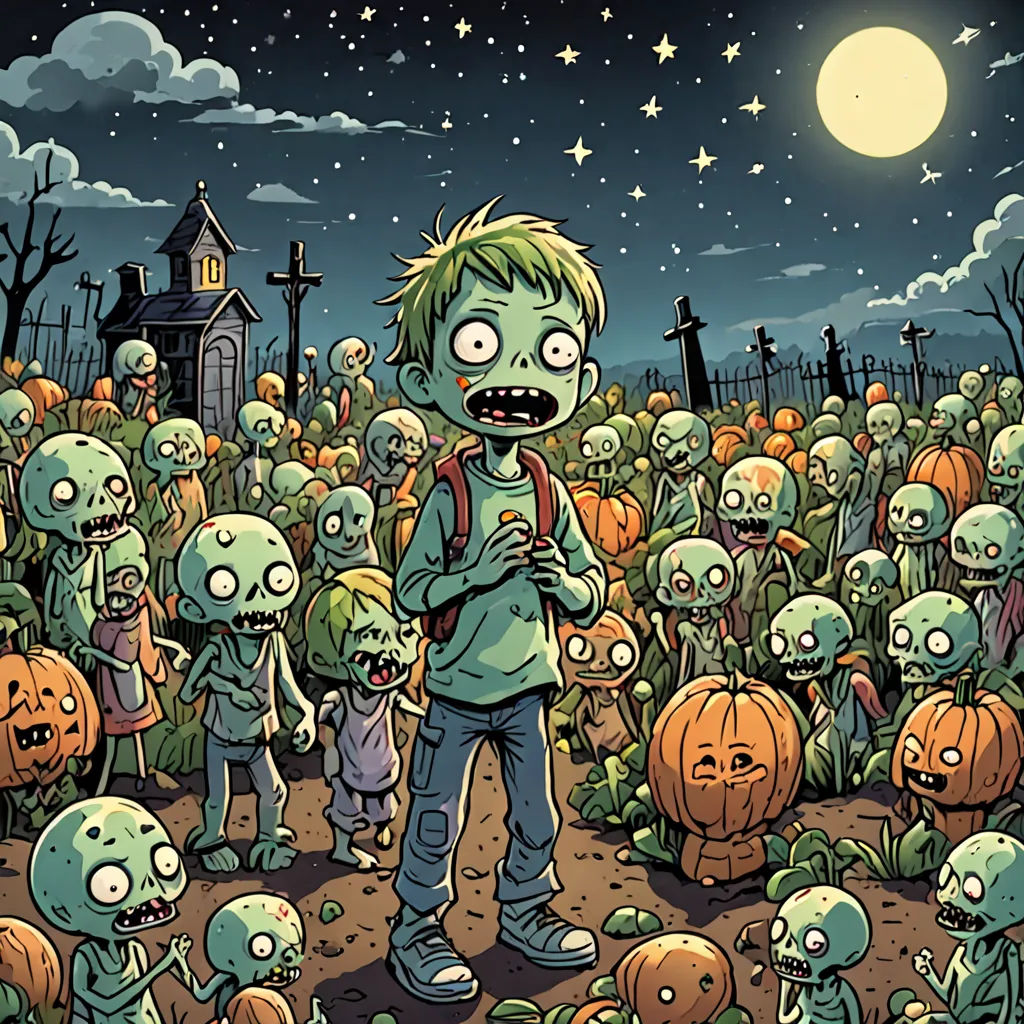 a cartoon of a zombie family in a graveyard with pumpkins and a church in the background at night, gothic art, a comic book panel, Dan Mumford, josan gonzales and dan mumford