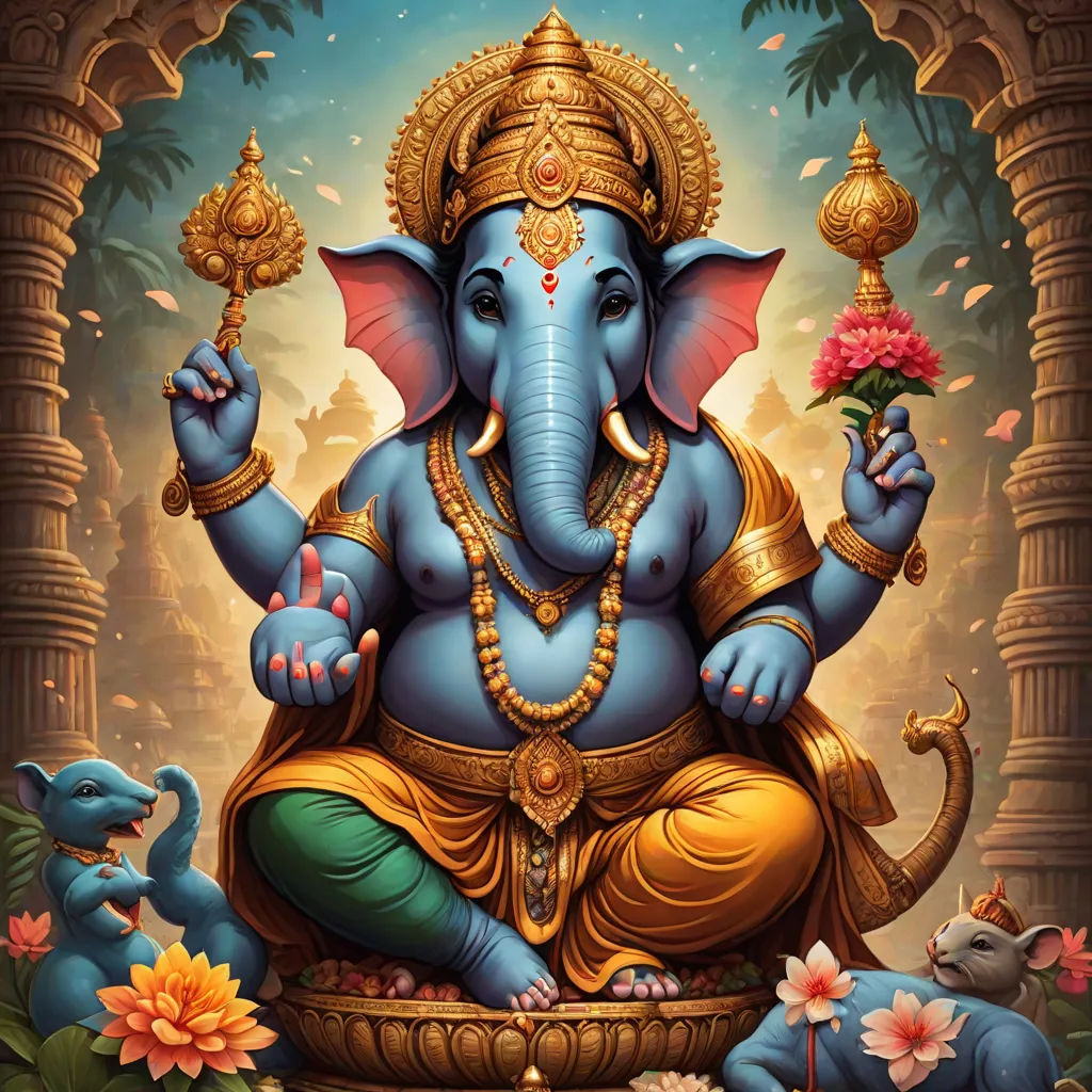 a painting of a ganeshi with a flower in its hand and a elephant in the background with a flower in its hand, samikshavad, a detailed painting, Ella Guru, highly detailed digital painting