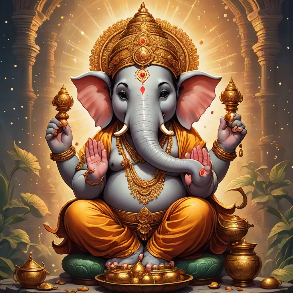 a painting of a ganesha sitting on a platform with a pot of gold coins in front of it, samikshavad, computer graphics, Ella Guru, professional digital painting