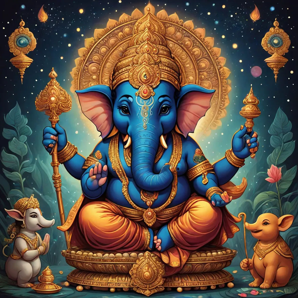 a painting of a ganesha with a baby elephant and a baby elephant sitting on the ground in front of it, samikshavad, a detailed painting, Ella Guru, official art