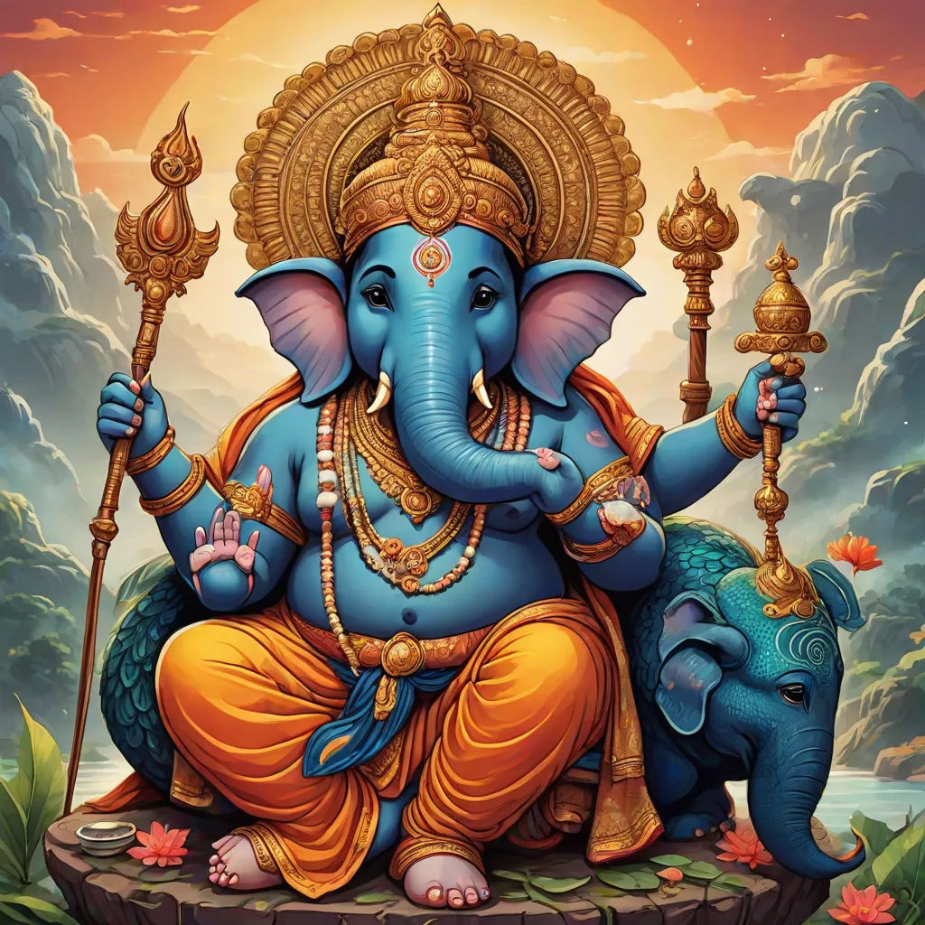 a painting of a ganesha sitting on a rock with a stick in his hand and a sky background, samikshavad, computer graphics, Ella Guru, official art