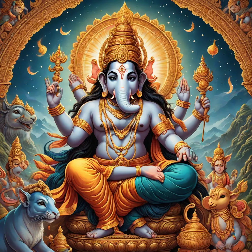 a painting of a god with many animals around him and a goat in the background, with a sky background, samikshavad, a detailed painting, Ella Guru, highly detailed digital painting