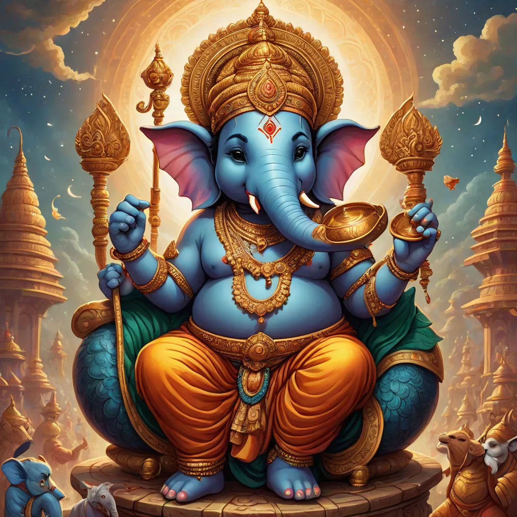 a painting of a ganeshi with a golden crown on his head and a blue body and a gold crown on his head, samikshavad, a detailed painting, Ella Guru, highly detailed digital painting