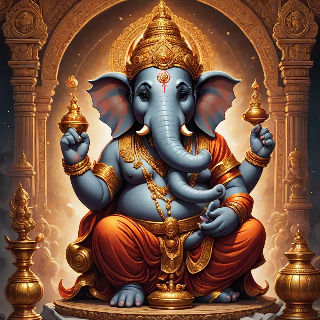 a painting of a ganeshi sitting on a pedestal with a candle in his hand and a light in his hand, samikshavad, an airbrush painting, Ella Guru, highly detailed digital painting