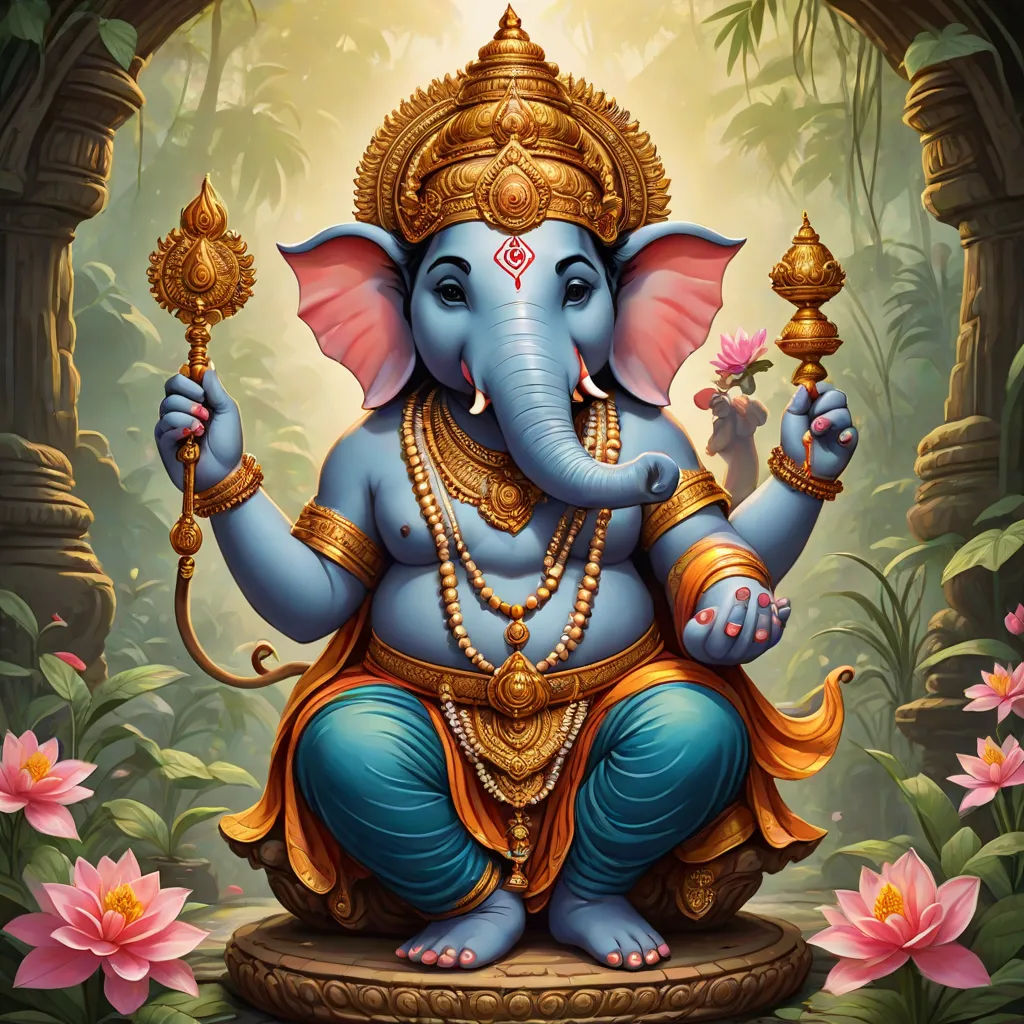 a painting of a ganeshi sitting in a forest with flowers and a pot of water lilyes, samikshavad, computer graphics, Ella Guru, professional digital painting