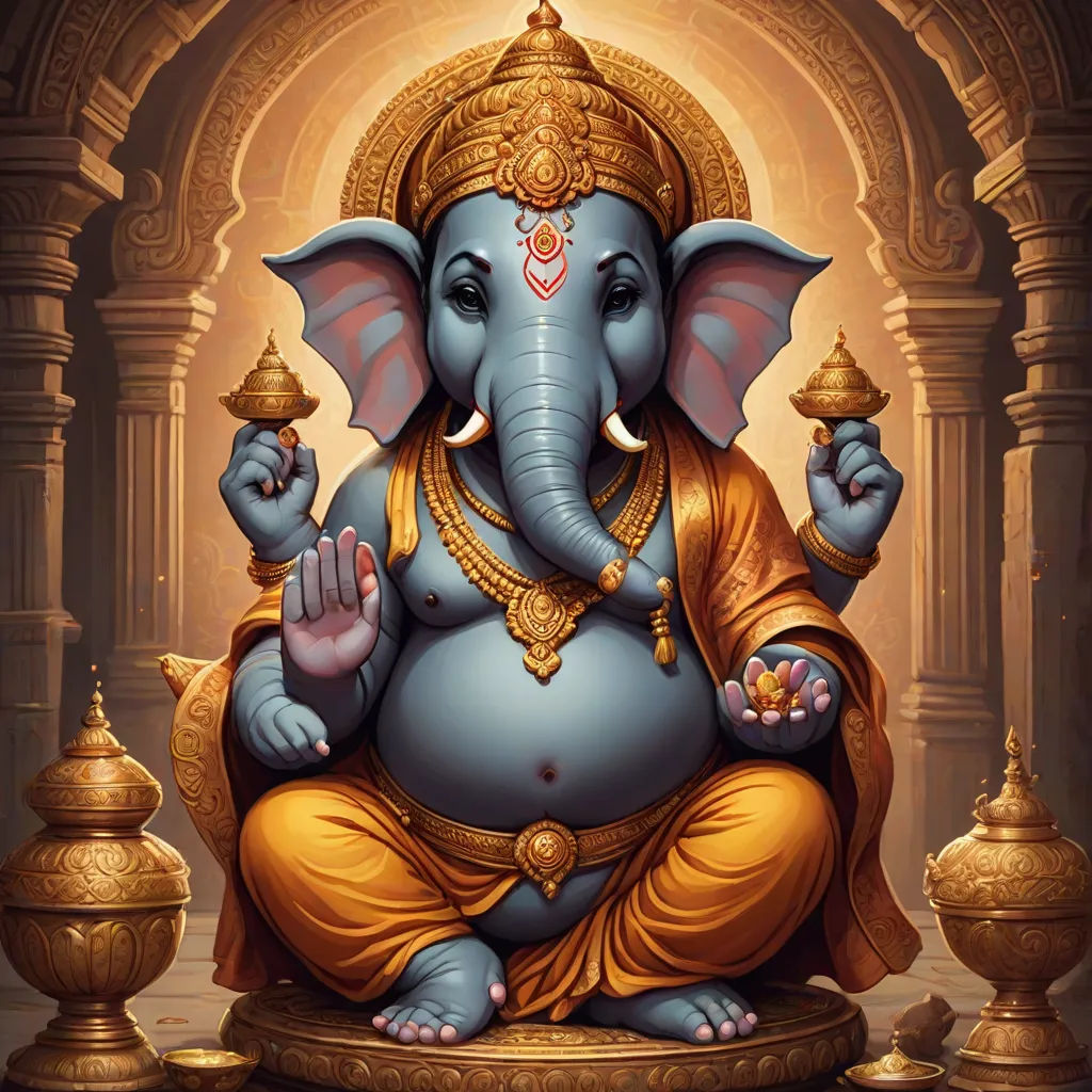 a painting of a ganesha sitting on a platform with a pot of gold in front of it, samikshavad, a statue, Ella Guru, divinity