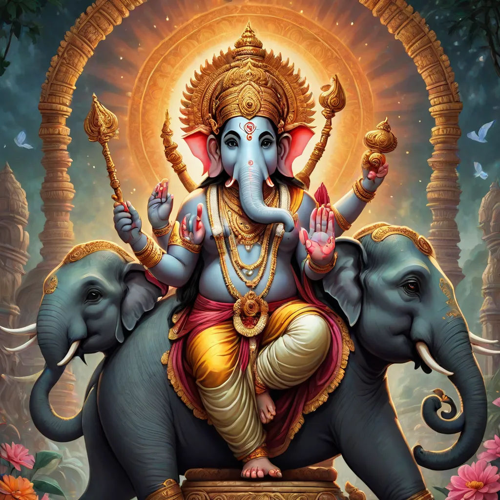 a painting of a god riding on the back of an elephant with a crown on its head and a bird flying above, samikshavad, a detailed painting, Ella Guru, highly detailed digital painting