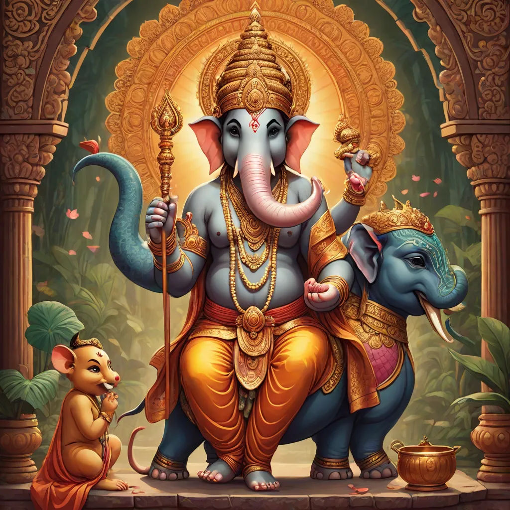 a painting of a ganeshi with a mouse and a rat sitting on a platform in front of a temple, samikshavad, a detailed painting, Ella Guru, official art