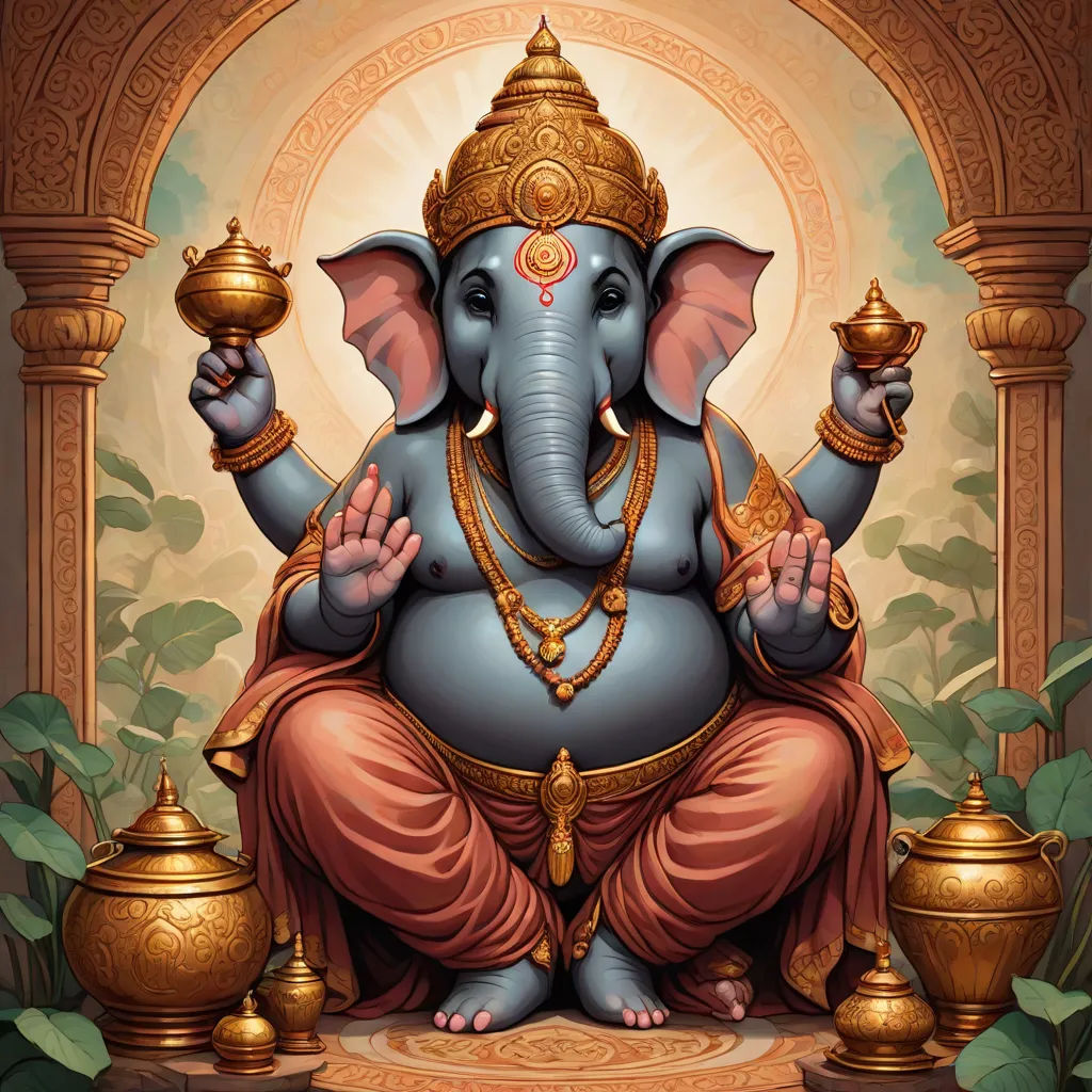 a painting of a ganeshi sitting on a platform with a pot of gold on the ground and a pot of tea, samikshavad, a detailed painting, Ella Guru, divinity
