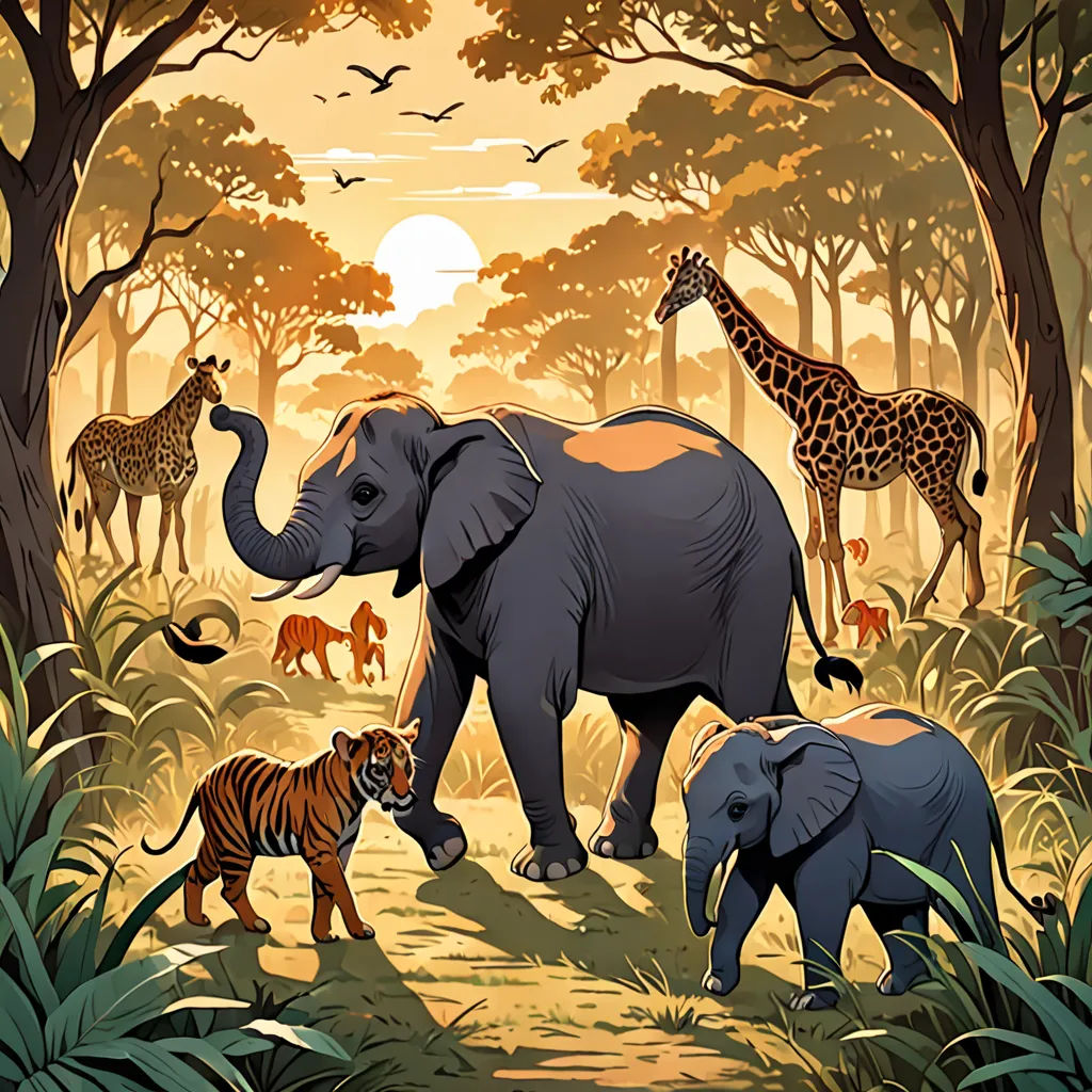 a painting of a group of animals in a jungle setting with a giraffe, elephant, and zebra, sumatraism, a storybook illustration, Chris LaBrooy, detailed illustration