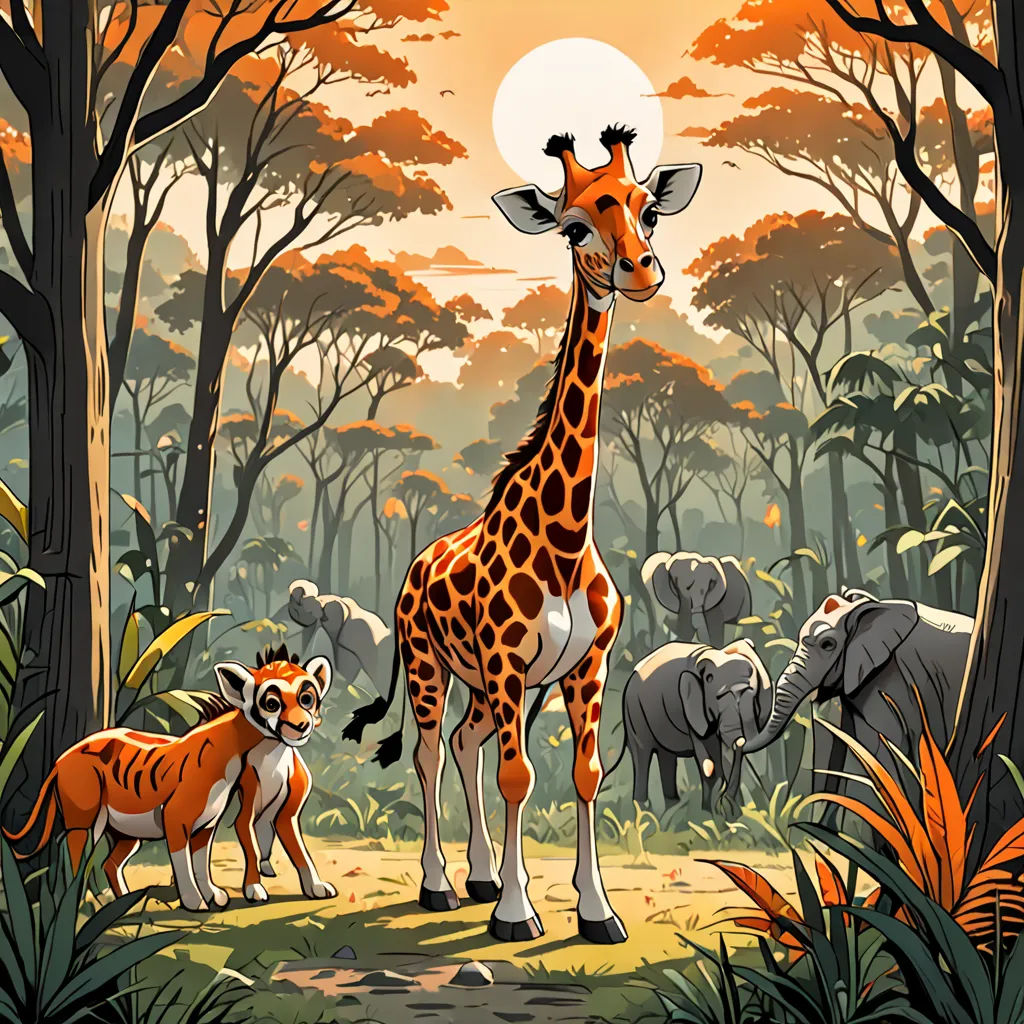 a giraffe and two baby animals in a forest with a full moon in the background and trees, primitivism, a storybook illustration, Chris LaBrooy, rossdraws global illumination