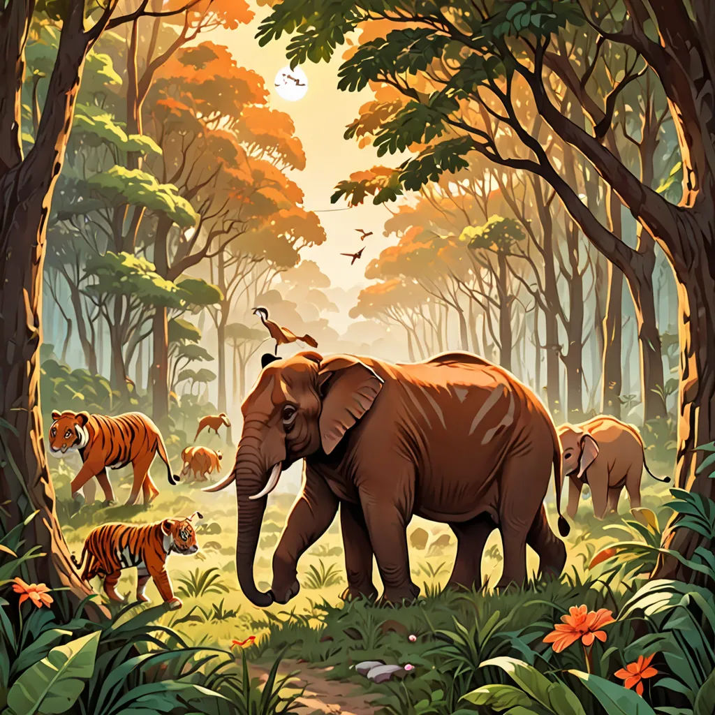a painting of an elephant in a forest with other animals in the background and a bird on top of it, sumatraism, a storybook illustration, Chris LaBrooy, jungle
