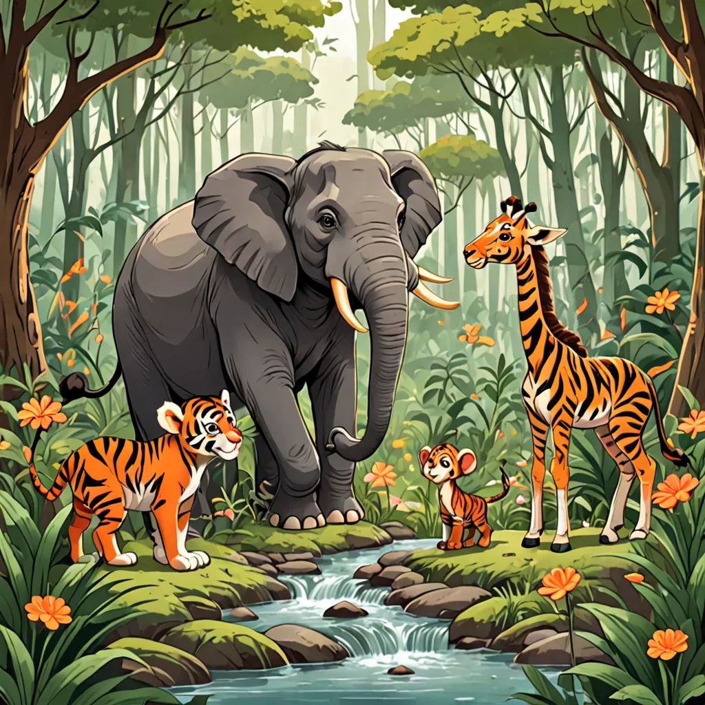 a group of animals standing in a forest next to a river and a zebra and a tiger cub on the other side of the river, naive art, a storybook illustration, Chris LaBrooy, jungle