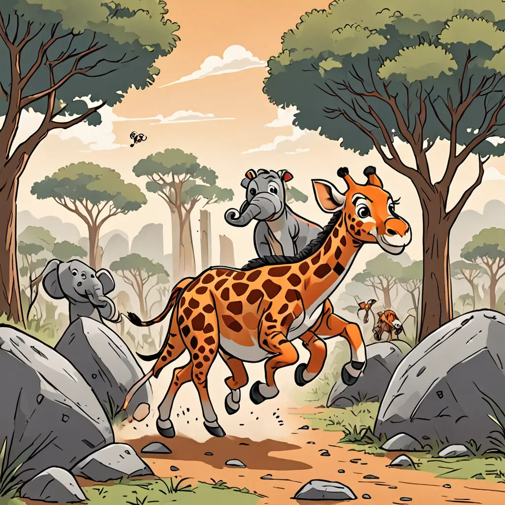a giraffe and a rhino are running through the jungle together, with other animals in the background, primitivism, a storybook illustration, Amédée Ozenfant, storybook illustration