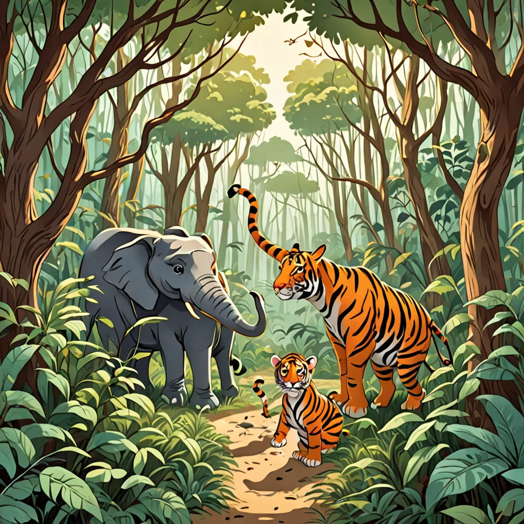 a tiger and a tiger cub walking through a jungle with an elephant and a tiger cub in the foreground, bengal school of art, a storybook illustration, Chris LaBrooy, promotional image