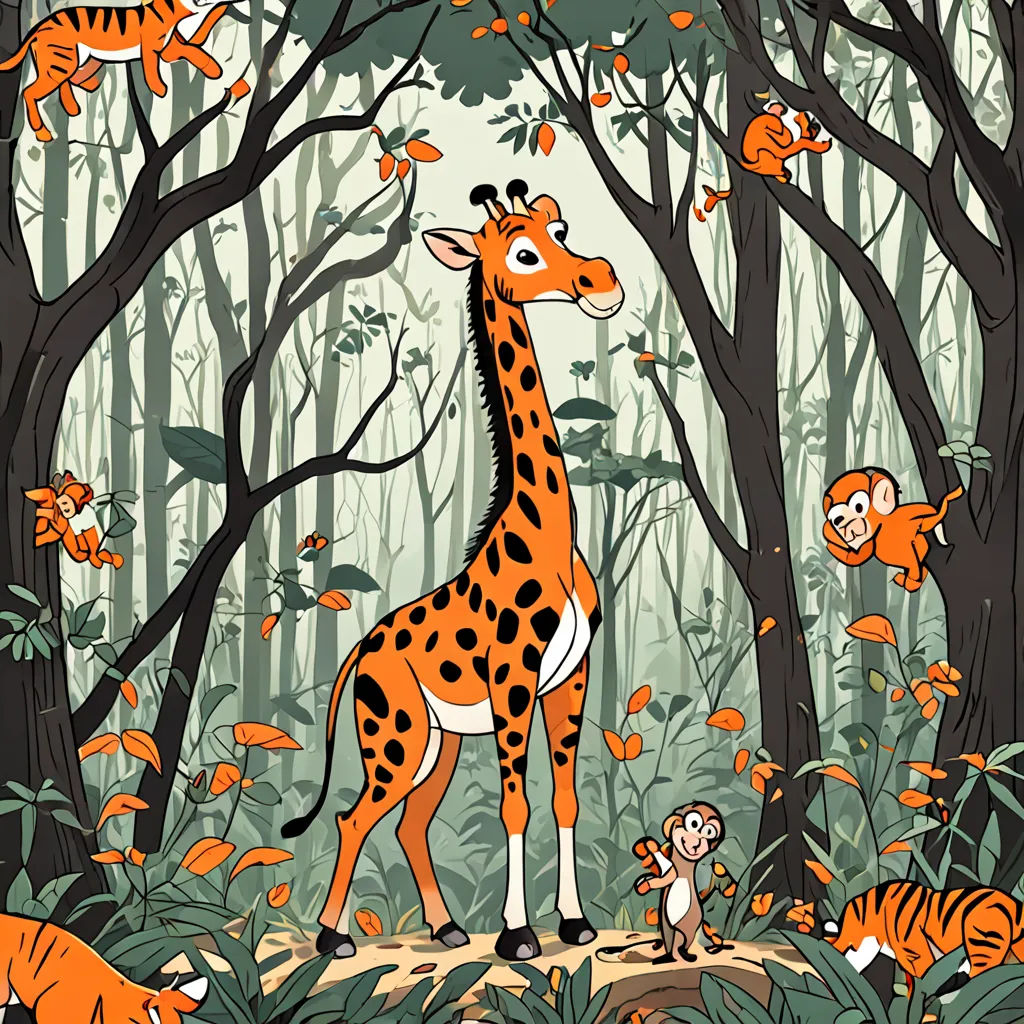 a giraffe and a monkey in a forest with many leaves and trees and a small animal in the foreground, primitivism, a storybook illustration, Chris LaBrooy, storybook illustration