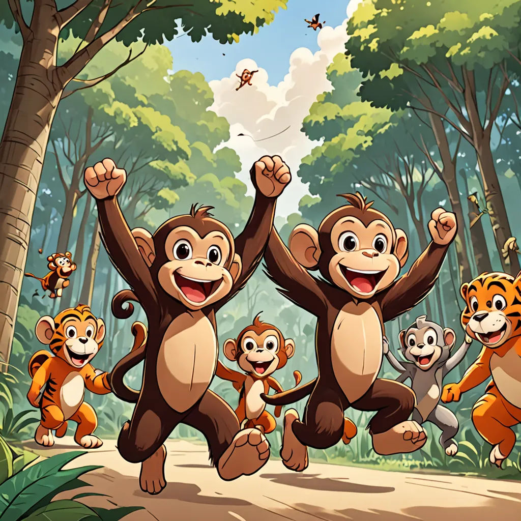 a group of monkeys standing on top of a forest floor next to a forest filled with trees and a forest filled with lots of animals, furry art, a storybook illustration, Ding Guanpeng, promotional image