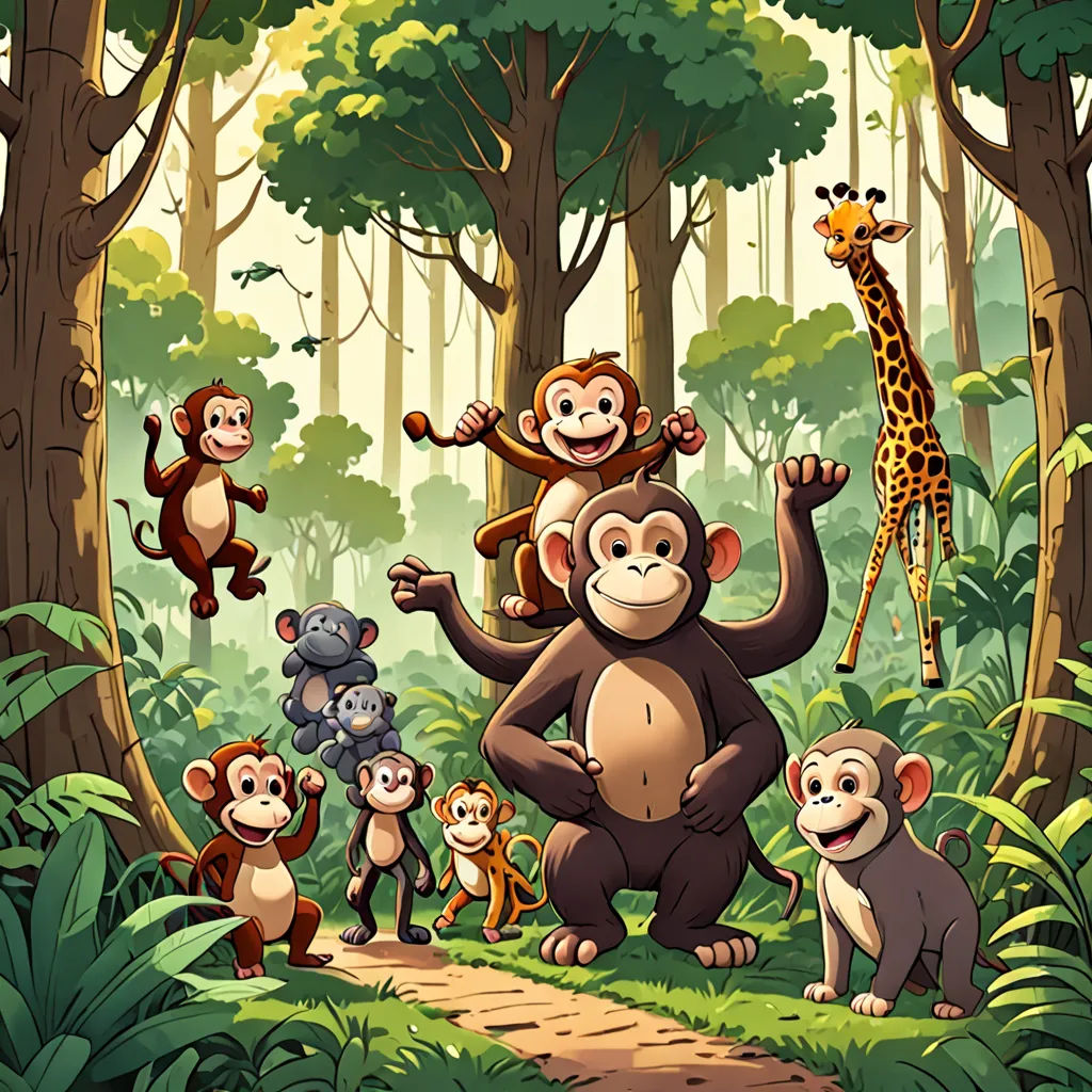 a group of monkeys and a giraffe in a jungle setting with a path leading to the trees, primitivism, a storybook illustration, Chris LaBrooy, jungle