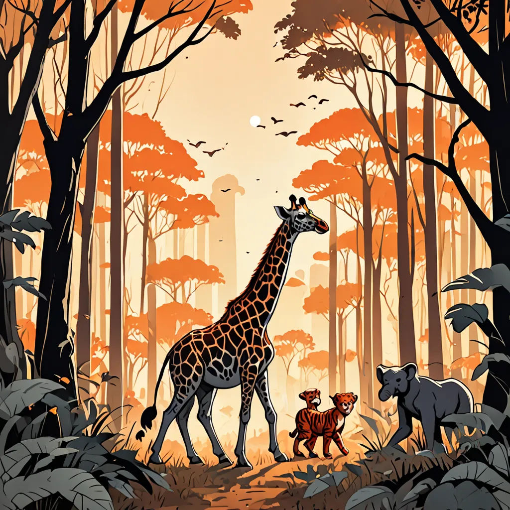 a giraffe and two bears in a forest with trees and leaves on the ground and a sun in the sky, primitivism, a storybook illustration, Chris LaBrooy, laurie greasley