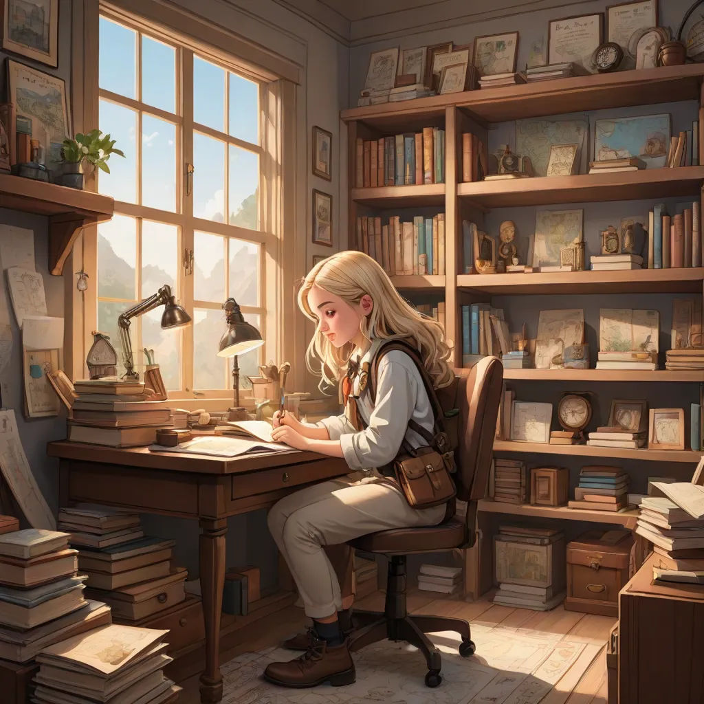 a girl sitting at a desk with a book and a lamp in front of her and a bookcase full of books, fantasy art, a storybook illustration, Chris LaBrooy, rossdraws global illumination