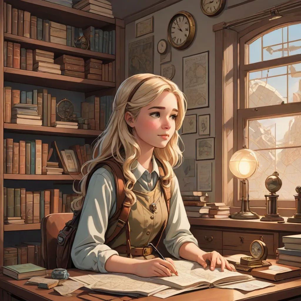 a woman sitting at a desk with a book and a clock in the background and a bookcase full of books, fantasy art, a storybook illustration, Constance Gordon-Cumming, rossdraws global illumination