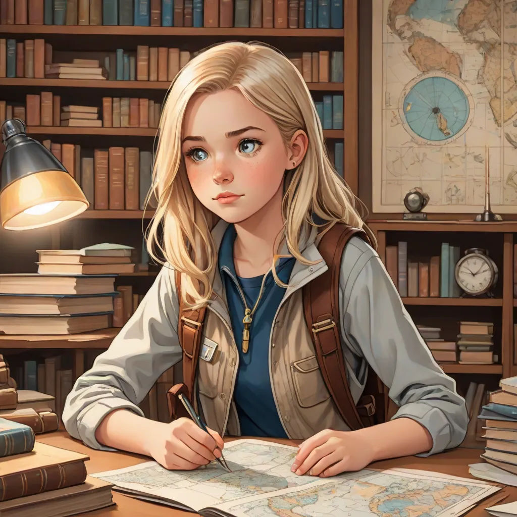a girl sitting at a desk with a book and a map in front of her and a lamp on the desk, fantasy art, a storybook illustration, Artgerm, rossdraws global illumination