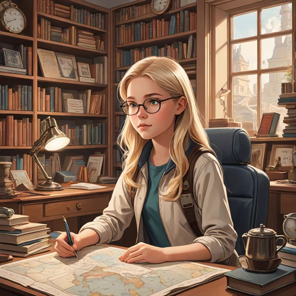 a woman sitting at a desk with a map and a pen in her hand and a clock in the background, fantasy art, a storybook illustration, Chris LaBrooy, rossdraws global illumination