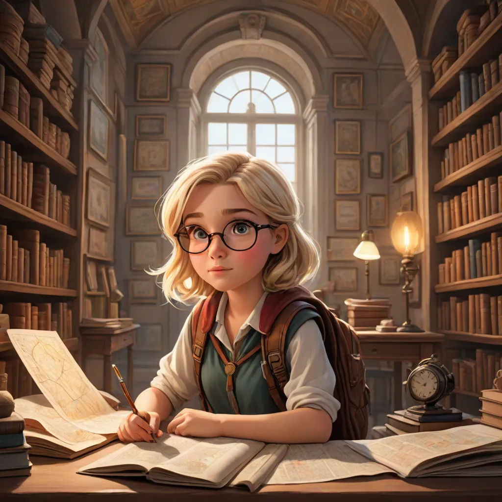 a little girl sitting at a desk with books and a clock in front of her, in a library, fantasy art, a storybook illustration, Charlie Bowater, rossdraws global illumination