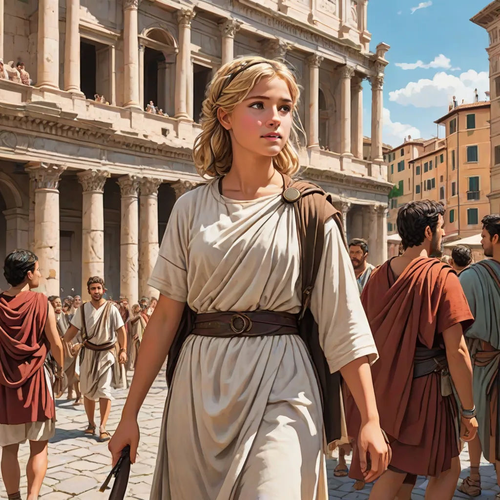 a woman in a roman dress walking down a street with other people in the background and a man in a brown shirt and tan dress, classical realism, a detailed matte painting, Donato Giancola, official art