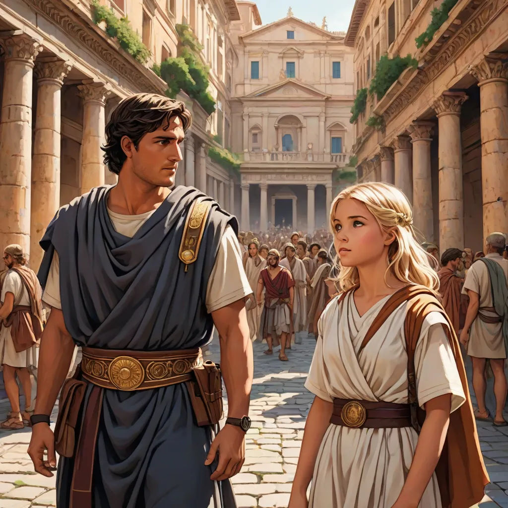a painting of a man and a woman in roman dress walking through a street with people in the background, antipodeans, a detailed matte painting, David Ligare, official art