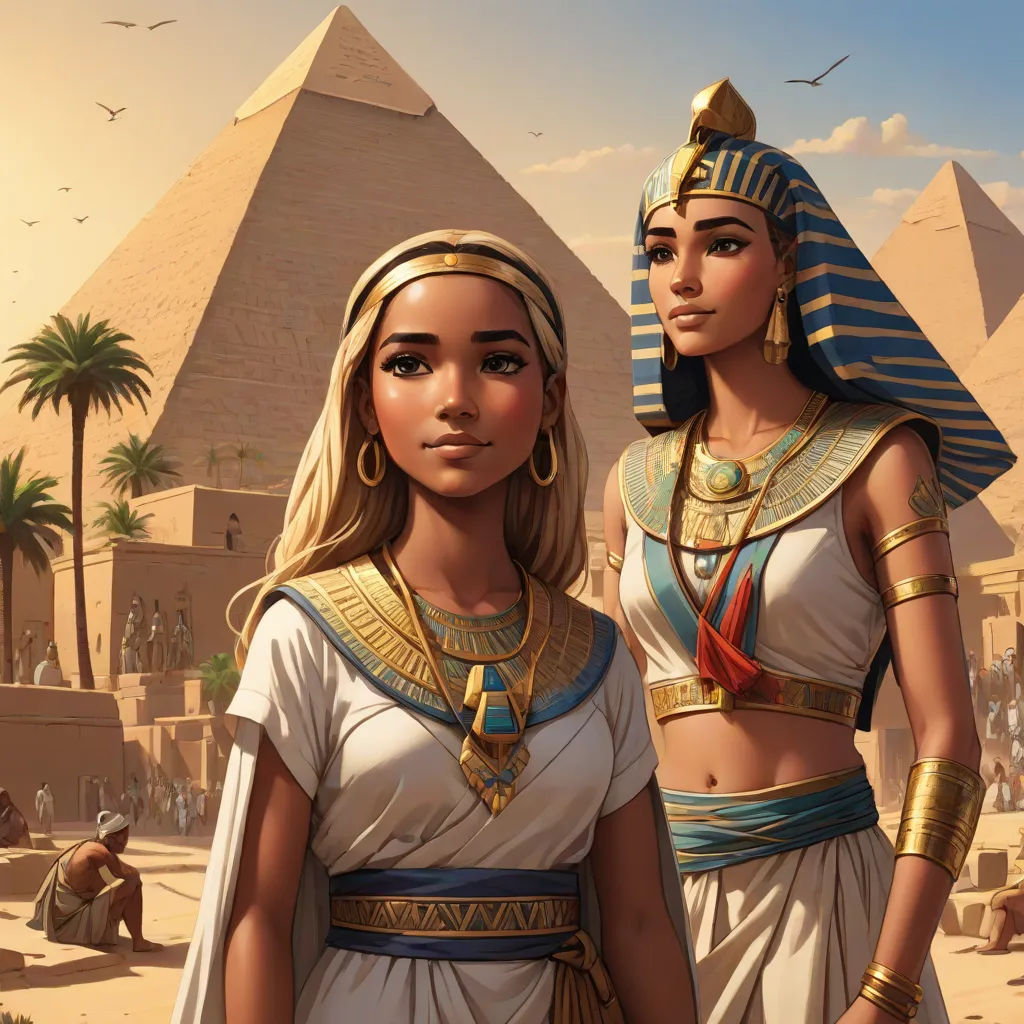 two women in egyptian costumes standing in front of a pyramid and a desert landscape with birds flying overhead and a bird flying overhead, fantasy art, egyptian art, Drew Struzan, magic the gathering artwork