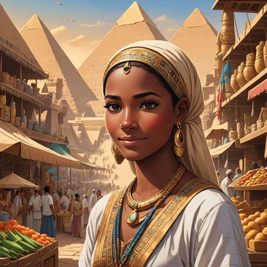 a woman in a white dress and a head scarf in a desert market with pyramids in the background, afrofuturism, egyptian art, Ernie Barnes, magic the gathering artwork