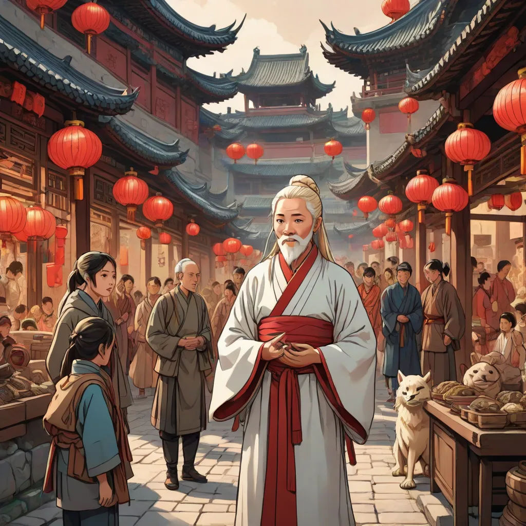 a painting of a man in a chinese courtyard with a crowd of people around him and lanterns hanging above him, fantasy art, a storybook illustration, Emperor Huizong of Song, official art
