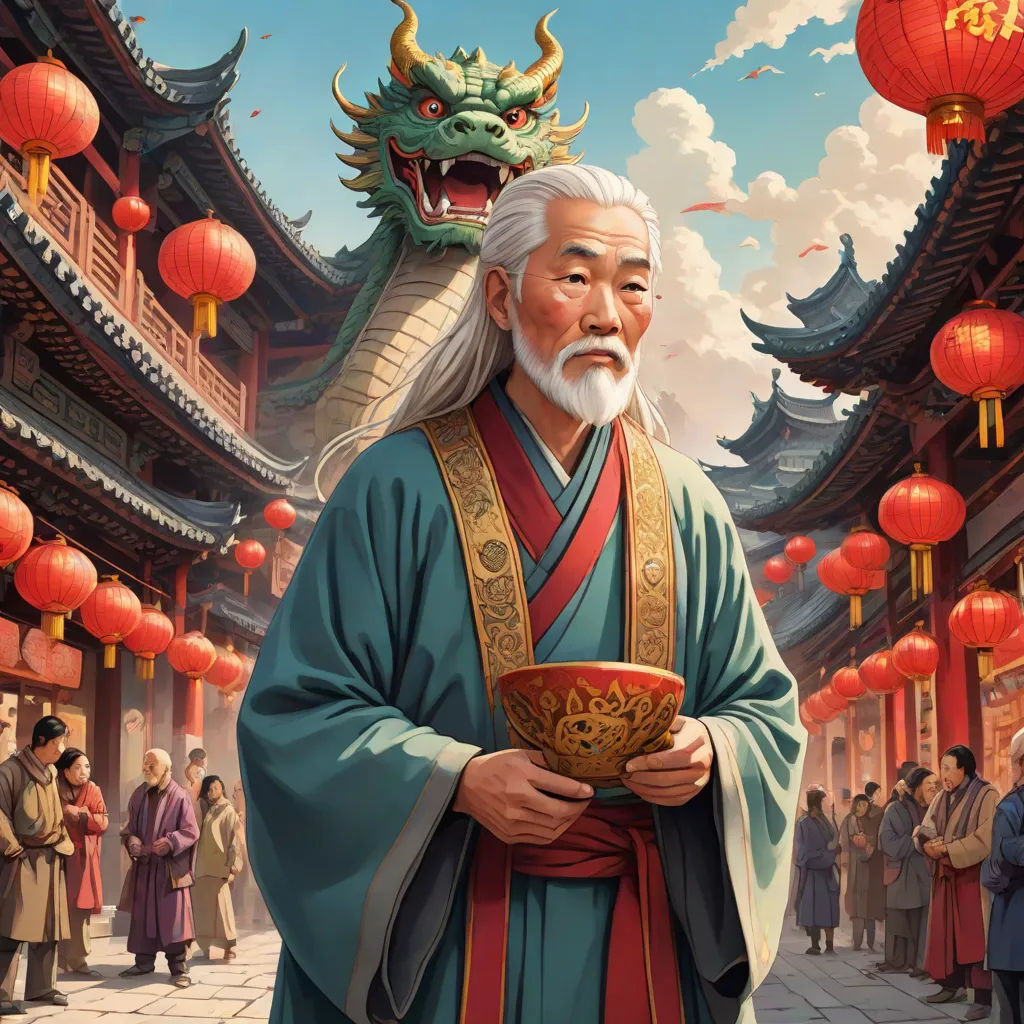 a man in a chinese temple holding a bowl of food with a dragon head on top of it and people standing around, fantasy art, a storybook illustration, Emperor Huizong of Song, highly detailed digital painting