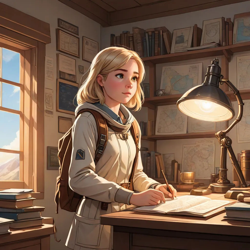 a woman standing in front of a desk with a book and lamp on it, in a room with bookshelves, fantasy art, a storybook illustration, Evgeny Lushpin, rossdraws global illumination