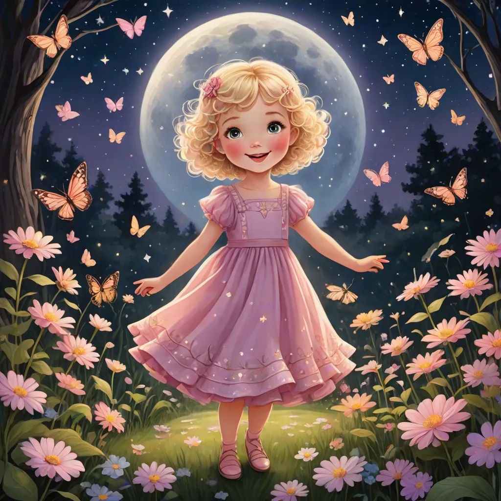 a little girl in a pink dress standing in a field of flowers with butterflies around her and a full moon in the background, a storybook illustration, Alice Prin, fantasy art, storybook illustration