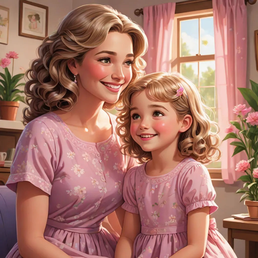 a painting of a mother and daughter sitting together in a room with pink curtains and pink curtains on the windowsill, a storybook illustration, disney, american scene painting, kinkade