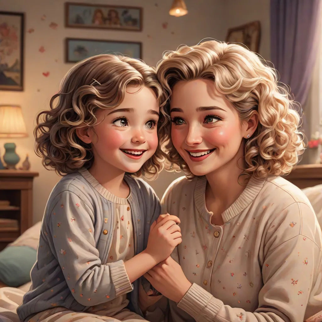 a painting of two women sitting on a bed together, one of them is smiling and the other is holding her hand, a storybook illustration, disney, photorealism, ultra realistic illustration