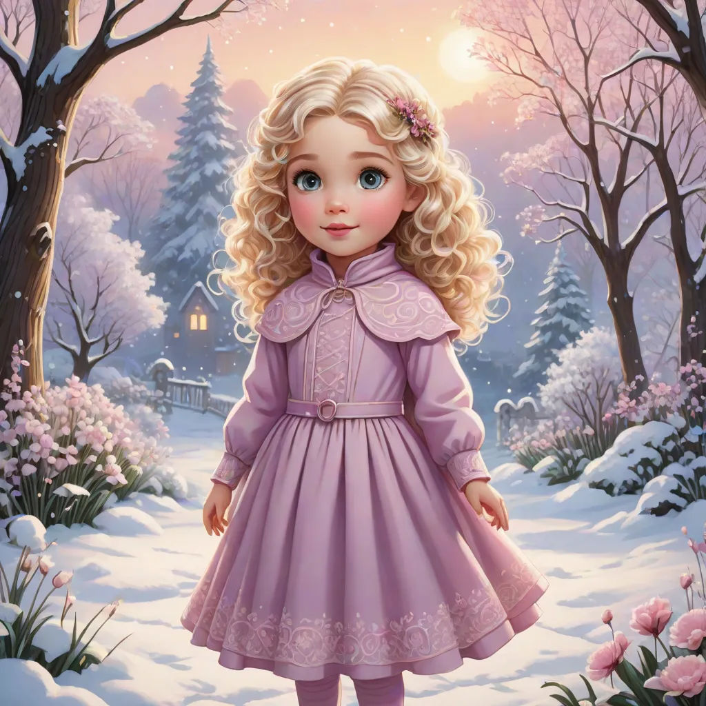 a painting of a little girl in a pink dress standing in the snow with a pink rose in her hair, a storybook illustration, Alice Prin, naive art, kinkade