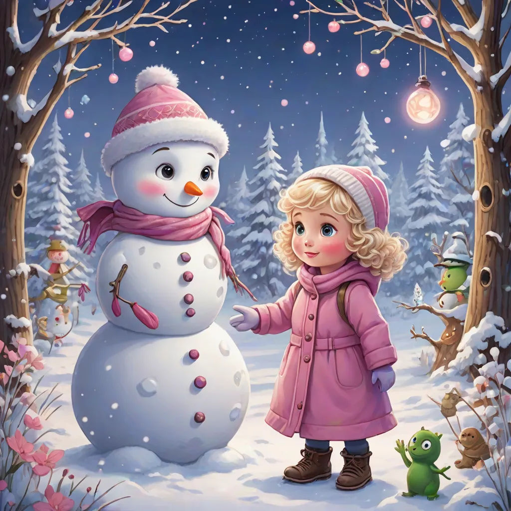 a painting of a little girl standing next to a snowman in a snowy forest with a snowman and a frog, a storybook illustration, Anthony Devas, naive art, winter