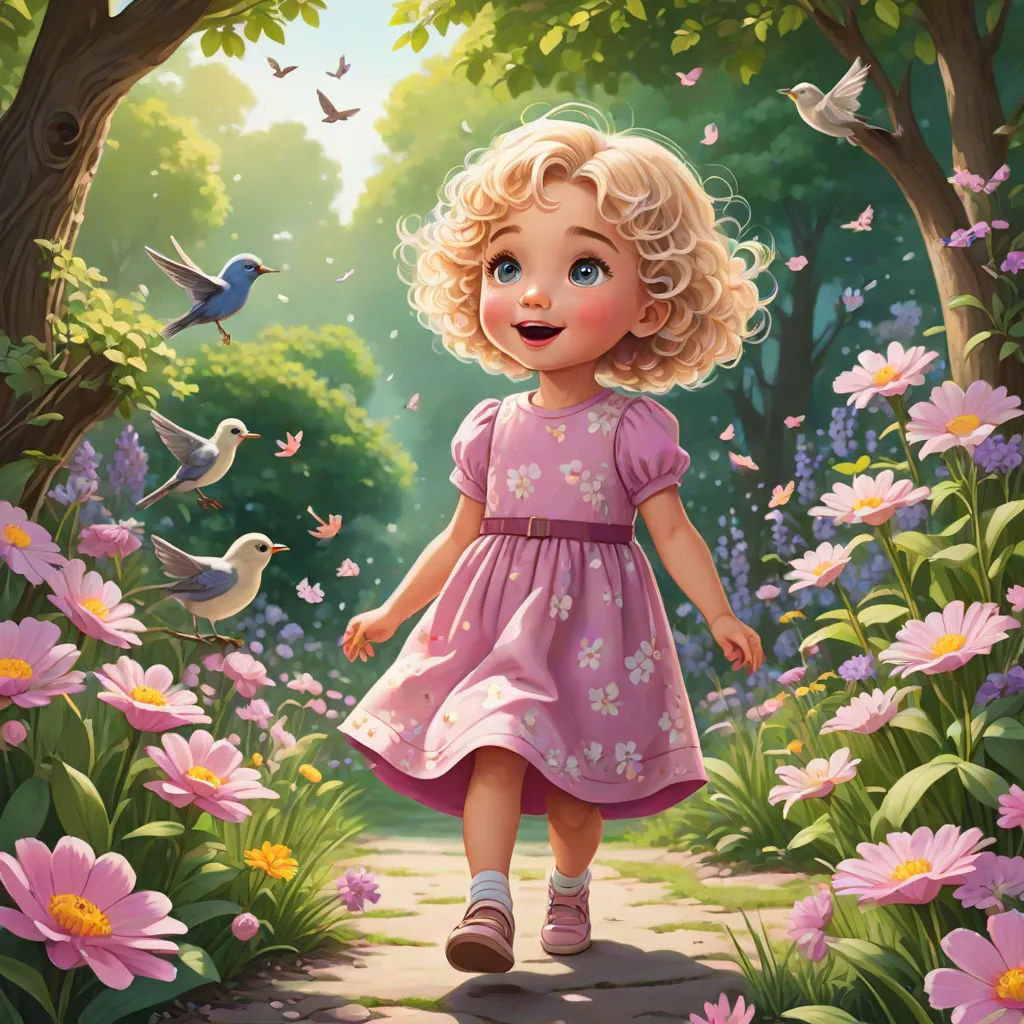 a painting of a little girl walking through a garden with flowers and birds around her, with a bird flying overhead, a storybook illustration, Alice Prin, fantasy art, storybook illustration