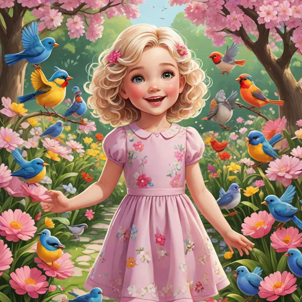 a painting of a little girl in a pink dress surrounded by birds and flowers in a park with pink flowers, a storybook illustration, Alice Prin, pop surrealism, highly detailed digital painting