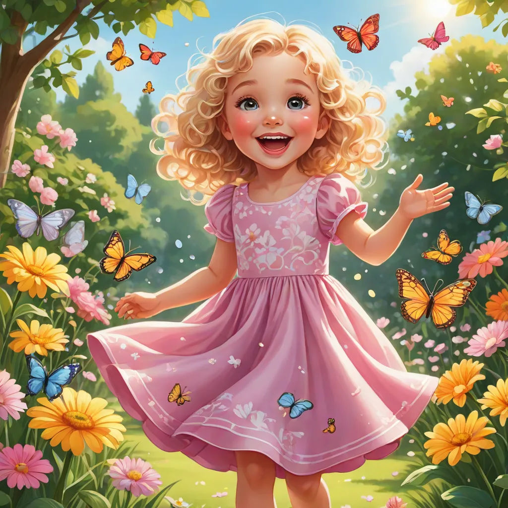 a little girl in a pink dress standing in a field of flowers and butterflies with a butterfly in her hand, a storybook illustration, Alice Prin, magic realism, highly detailed digital painting