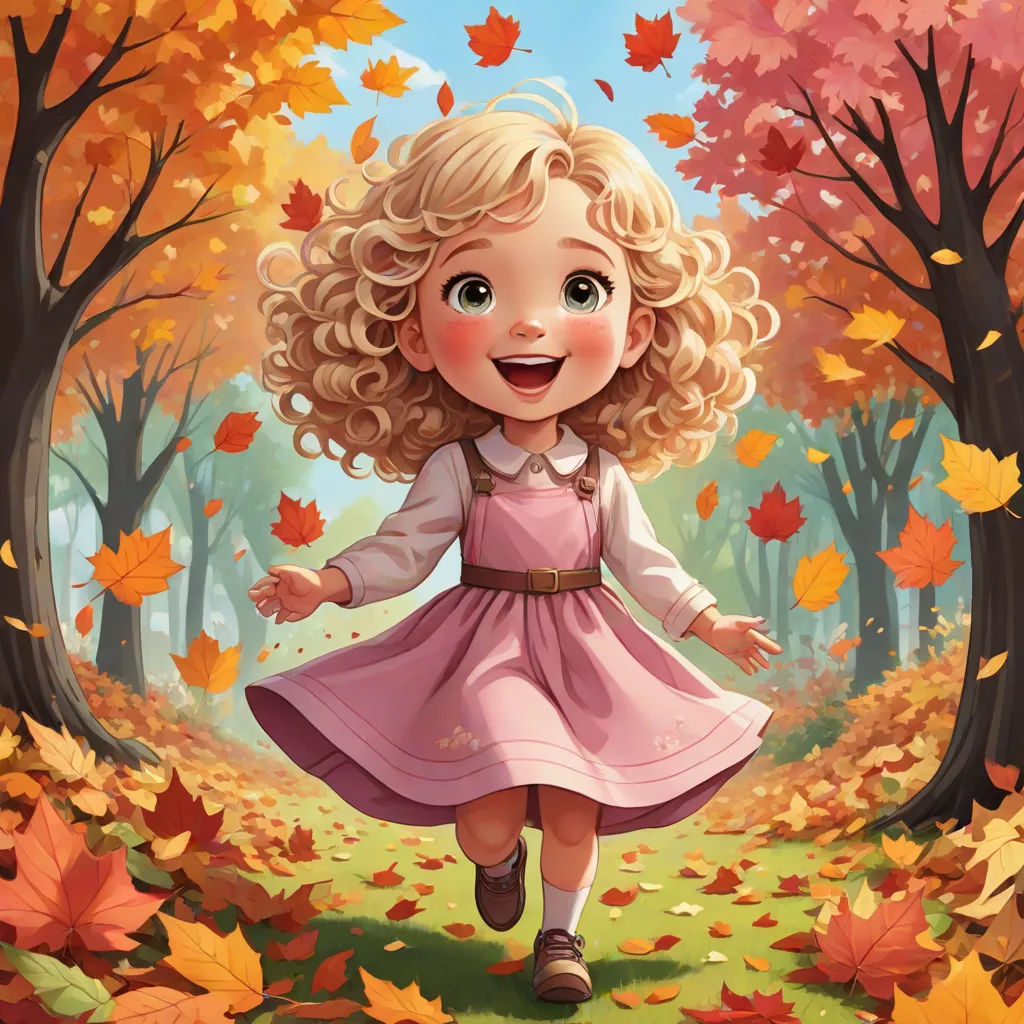 a little girl in a pink dress is walking through the leaves of a forest with trees and leaves on the ground, a storybook illustration, Alice Prin, fantasy art, autumn