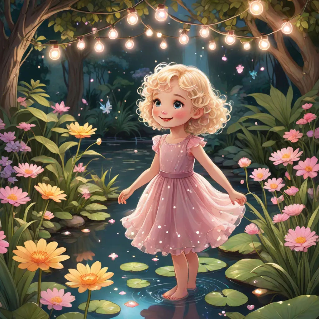 a little girl in a pink dress standing in a pond of water surrounded by flowers and lights hanging from the trees, a storybook illustration, Charlie Bowater, fantasy art, trending on art station