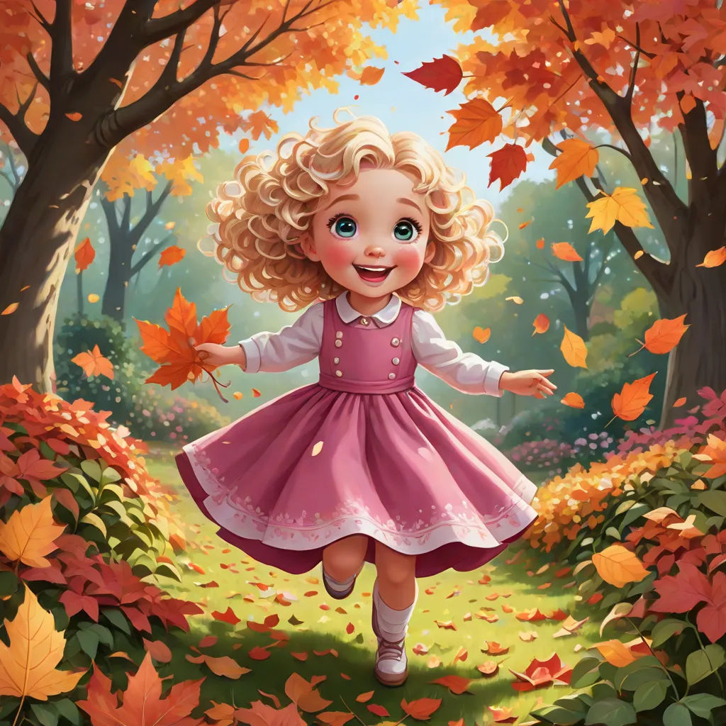 a little girl in a pink dress is running through the leaves of a forest with trees and leaves on the ground, a storybook illustration, Alice Prin, pop surrealism, autumn