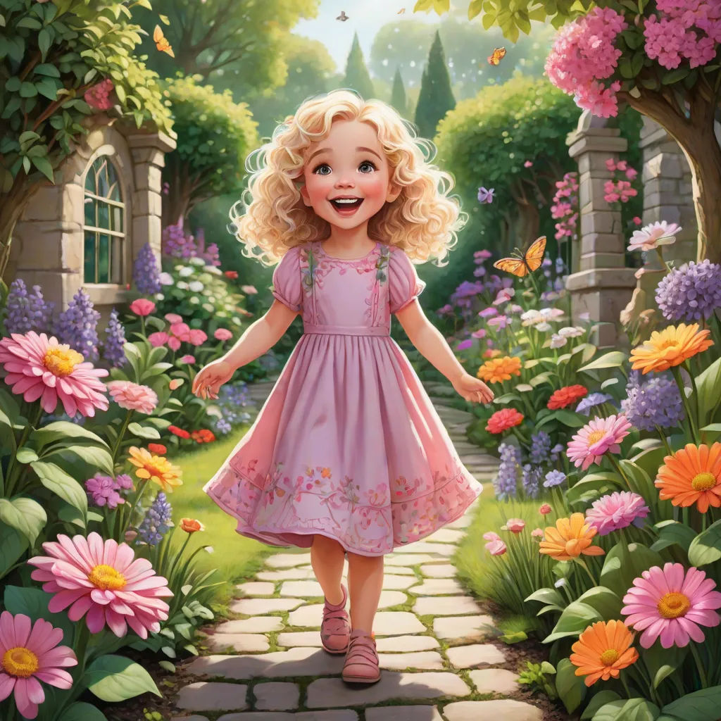 a little girl in a pink dress walking through a garden with flowers and butterflies on it's head, a storybook illustration, Alice Prin, fantasy art, kinkade