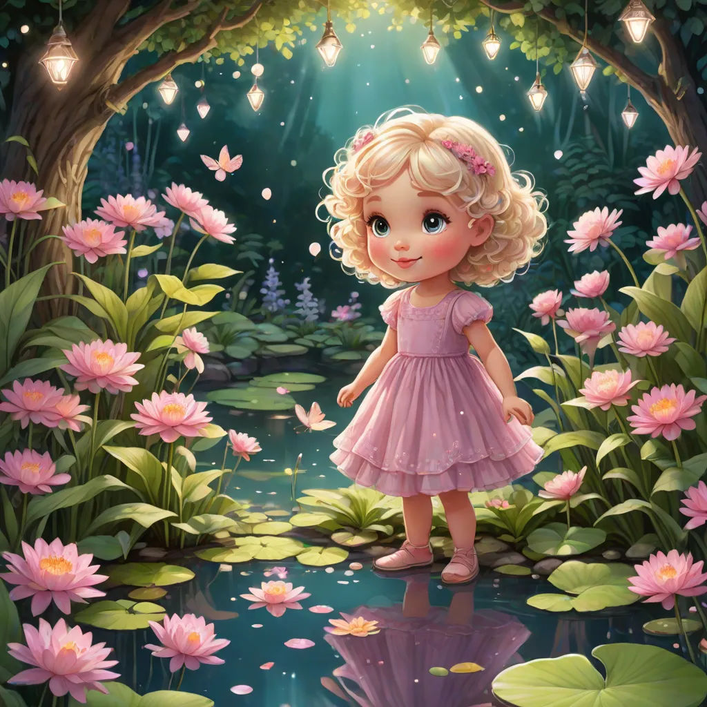 a little girl standing in a pond of water surrounded by flowers and butterflies with a butterfly in her hair, a storybook illustration, Alice Prin, fantasy art, rossdraws global illumination