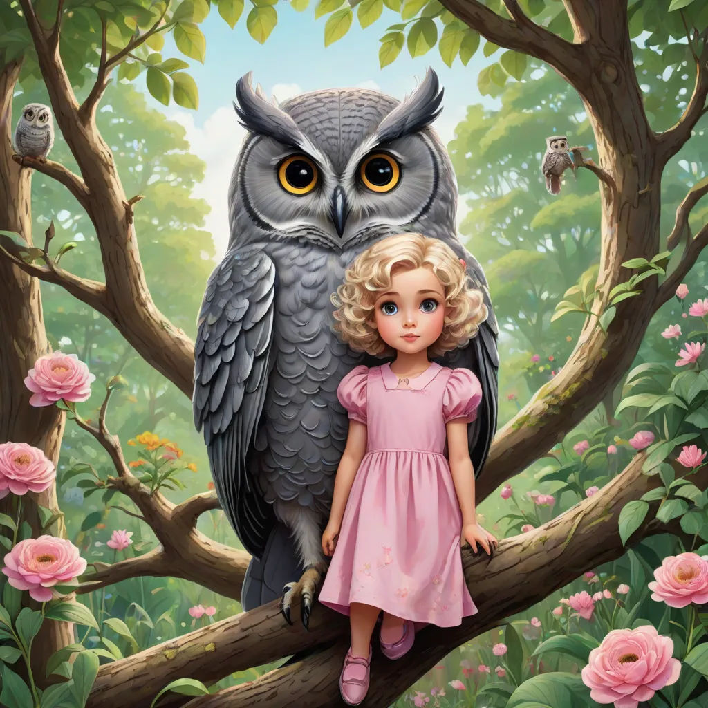 a painting of a little girl sitting on a tree branch with an owl on her shoulder and a bird perched on the branch, a storybook illustration, Craola, pop surrealism, storybook illustration