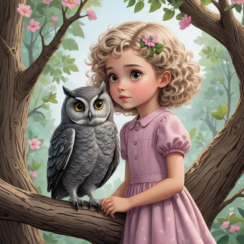 a little girl in a pink dress holding an owl on a tree branch with pink flowers in the background, a storybook illustration, Clarice Beckett, pop surrealism, highly detailed digital painting